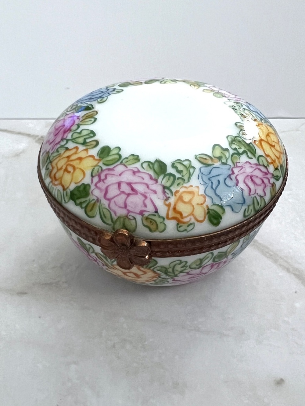 Vintage Limoges France Round Trinket Box Multicolor Rose Garland Hand Painted